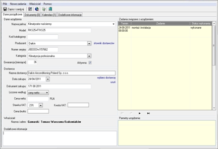 eSerwista - Karta urządzenia